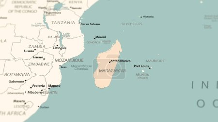 Madagaskar auf der Weltkarte. Aufnahme mit leichter Schärfentiefe mit Fokus auf das Land.