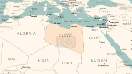 Libia en el mapa del mundo. Disparo con profundidad de campo de luz enfocado en el país.