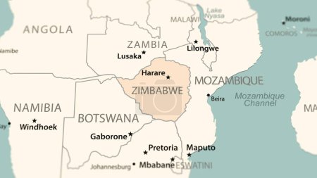 Téléchargez les photos : Zimbabwe sur la carte du monde. Tourné avec la profondeur de la lumière du champ se concentrant sur le pays. - en image libre de droit