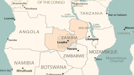 Zambia en el mapa del mundo. Disparo con profundidad de campo de luz enfocado en el país.