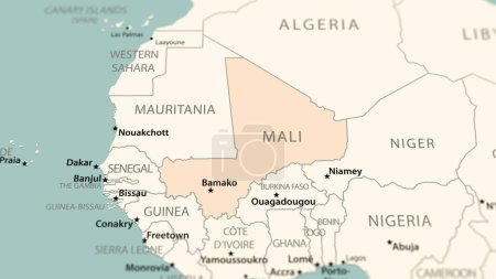 Foto de Malí en el mapa del mundo. Disparo con profundidad de campo de luz enfocado en el país. - Imagen libre de derechos