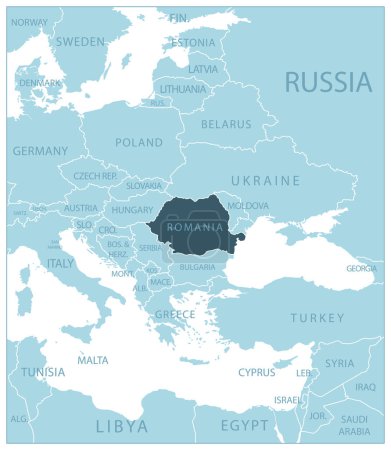 Ilustración de Rumania - mapa azul con los países vecinos y nombres. Ilustración vectorial - Imagen libre de derechos