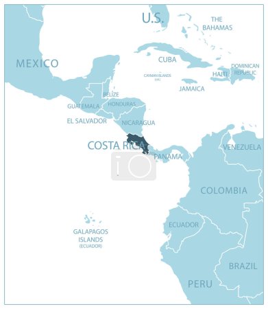 Ilustración de Costa Rica - mapa azul con los países vecinos y nombres. Ilustración vectorial - Imagen libre de derechos