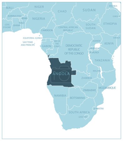 Ilustración de Angola - mapa azul con los países vecinos y nombres. Ilustración vectorial - Imagen libre de derechos