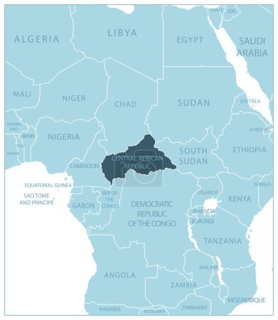 Ilustración de República Centroafricana mapa azul con los países vecinos y nombres. Ilustración vectorial - Imagen libre de derechos