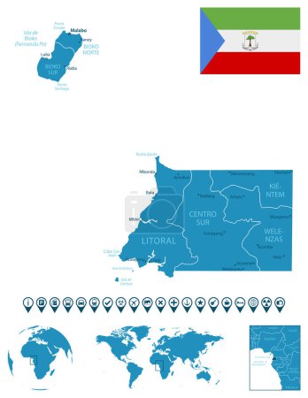 Ilustración de Guinea Ecuatorial: mapa detallado del país azul con ciudades, regiones, ubicación en el mapa del mundo y el mundo. Iconos de infografía. Ilustración vectorial - Imagen libre de derechos