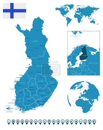 Ilustración de Finlandia: mapa detallado del país azul con ciudades, regiones, ubicación en el mapa del mundo y el mundo. Iconos de infografía. Ilustración vectorial - Imagen libre de derechos