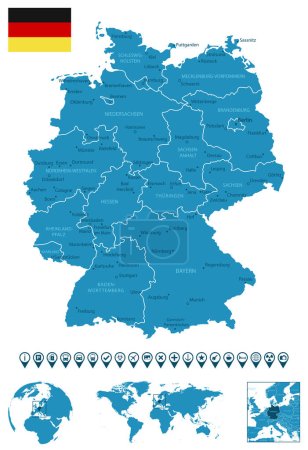 Allemagne carte détaillée du pays bleu avec les villes, les régions, l'emplacement sur la carte du monde et le globe. Icônes d'infographie. Illustration vectorielle