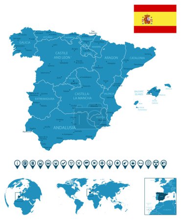 Téléchargez les illustrations : Espagne carte détaillée du pays bleu avec les villes, les régions, l'emplacement sur la carte du monde et le globe. Icônes d'infographie. Illustration vectorielle - en licence libre de droit