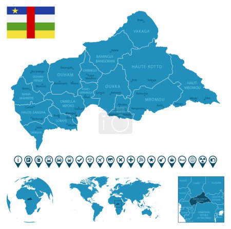 Ilustración de República Centroafricana: mapa detallado del país azul con ciudades, regiones, ubicación en el mapa del mundo y el mundo. Iconos de infografía. Ilustración vectorial - Imagen libre de derechos