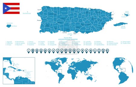 Téléchargez les illustrations : Porto Rico - carte détaillée du pays bleu avec les villes, les régions, l'emplacement sur la carte du monde et le globe. Icônes d'infographie. Illustration vectorielle - en licence libre de droit