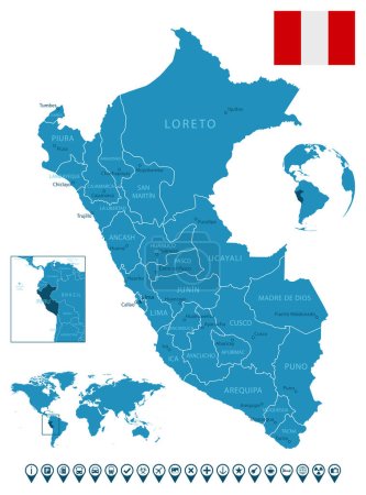 Téléchargez les illustrations : Pérou carte détaillée du pays bleu avec les villes, les régions, l'emplacement sur la carte du monde et le globe. Icônes d'infographie. Illustration vectorielle - en licence libre de droit