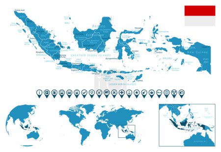 Ilustración de Indonesia: mapa detallado del país azul con ciudades, regiones, ubicación en el mapa del mundo y el mundo. Iconos de infografía. Ilustración vectorial - Imagen libre de derechos