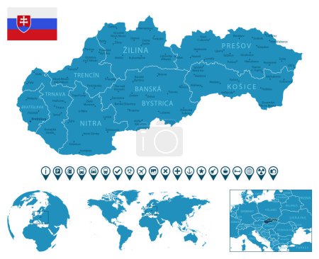 Illustration for Slovakia - detailed blue country map with cities, regions, location on world map and globe. Infographic icons. Vector illustration - Royalty Free Image