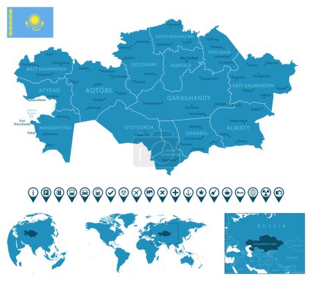 Ilustración de Kazajstán: mapa detallado del país azul con ciudades, regiones, ubicación en el mapa del mundo y el mundo. Iconos de infografía. Ilustración vectorial - Imagen libre de derechos