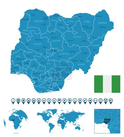 Nigeria - mapa de país azul detallado con ciudades, regiones, ubicación en el mapa del mundo y el mundo. Iconos de infografía. Ilustración vectorial