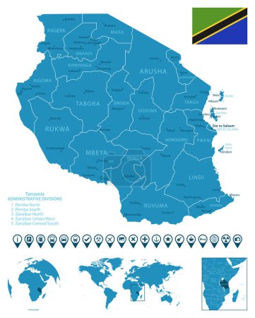 Tanzania: mapa detallado del país azul con ciudades, regiones, ubicación en el mapa del mundo y el mundo. Iconos de infografía. Ilustración vectorial