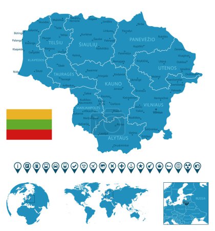 Téléchargez les illustrations : Lituanie carte détaillée du pays bleu avec les villes, les régions, l'emplacement sur la carte du monde et le globe. Icônes d'infographie. Illustration vectorielle - en licence libre de droit