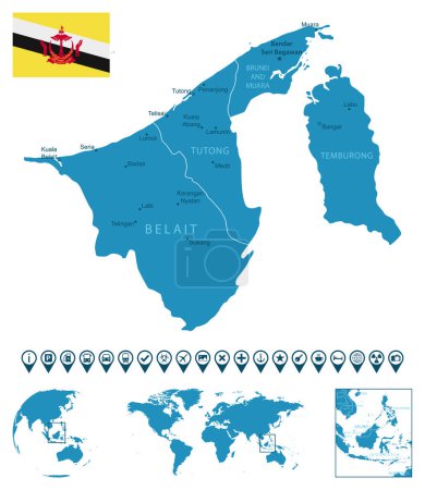 Ilustración de Brunei: mapa detallado del país azul con ciudades, regiones, ubicación en el mapa del mundo y el mundo. Iconos de infografía. Ilustración vectorial - Imagen libre de derechos