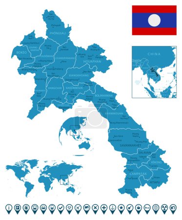 Téléchargez les illustrations : Laos - carte détaillée du pays bleu avec les villes, les régions, l'emplacement sur la carte du monde et le globe. Icônes d'infographie. Illustration vectorielle - en licence libre de droit