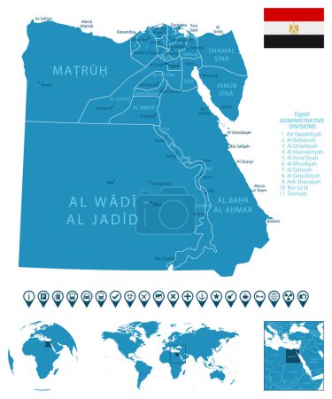 Téléchargez les illustrations : Egypte carte détaillée du pays bleu avec les villes, les régions, l'emplacement sur la carte du monde et le globe. Icônes d'infographie. Illustration vectorielle - en licence libre de droit
