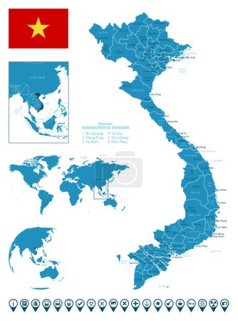 Illustration for Vietnam - detailed blue country map with cities, regions, location on world map and globe. Infographic icons. Vector illustration - Royalty Free Image