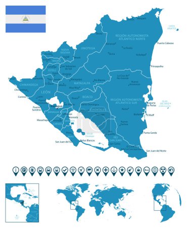 Illustration for Nicaragua - detailed blue country map with cities, regions, location on world map and globe. Infographic icons. Vector illustration - Royalty Free Image