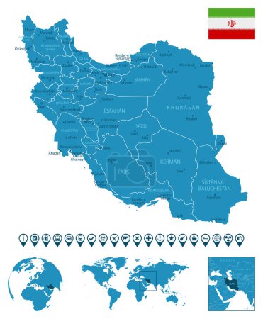 Ilustración de Irán: mapa detallado del país azul con ciudades, regiones, ubicación en el mapa del mundo y el mundo. Iconos de infografía. ilustración - Imagen libre de derechos
