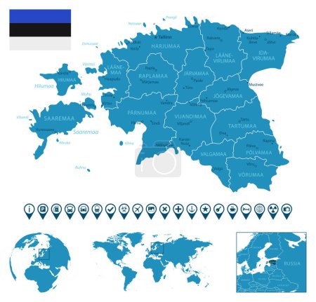 Ilustración de Estonia: mapa detallado del país azul con ciudades, regiones, ubicación en el mapa del mundo y el mundo. Iconos de infografía. Ilustración vectorial - Imagen libre de derechos