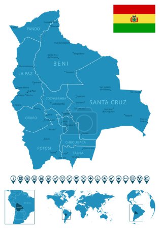 Ilustración de Bolivia: mapa detallado del país azul con ciudades, regiones, ubicación en el mapa del mundo y el mundo. Iconos de infografía. Ilustración vectorial - Imagen libre de derechos