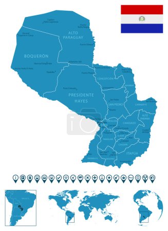 Ilustración de Paraguay: mapa detallado del país azul con ciudades, regiones, ubicación en el mapa del mundo y el mundo. Iconos de infografía. Ilustración vectorial - Imagen libre de derechos