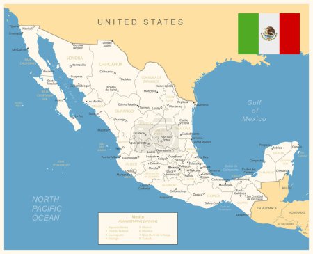 Mexique - carte détaillée avec divisions administratives et drapeau du pays. Illustration vectorielle