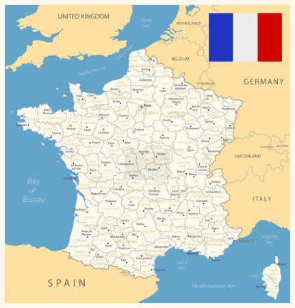 Frankreich - Detailkarte mit Verwaltungseinheiten und Landesflagge. Vektorillustration