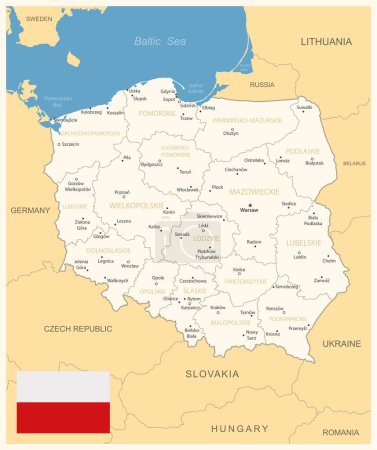 Ilustración de Polonia - mapa detallado con divisiones administrativas y bandera del país. Ilustración vectorial - Imagen libre de derechos
