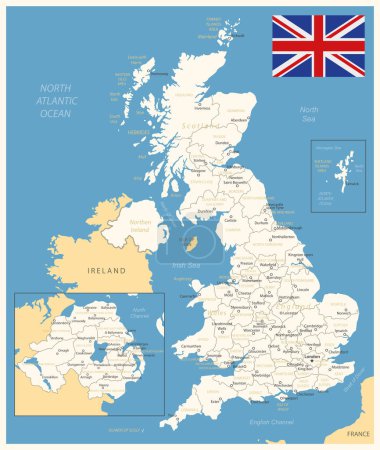 Royaume-Uni carte détaillée avec divisions administratives et drapeau du pays. Illustration vectorielle