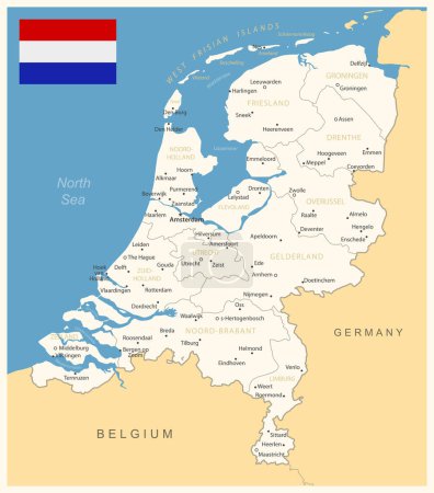 Téléchargez les illustrations : Pays-Bas - carte détaillée avec divisions administratives et pavillon du pays. Illustration vectorielle - en licence libre de droit