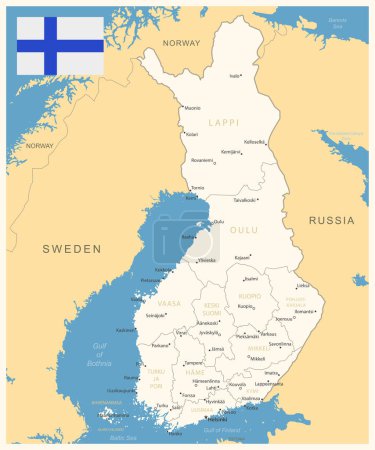 Finlandia: mapa detallado con divisiones administrativas y bandera del país. Ilustración vectorial