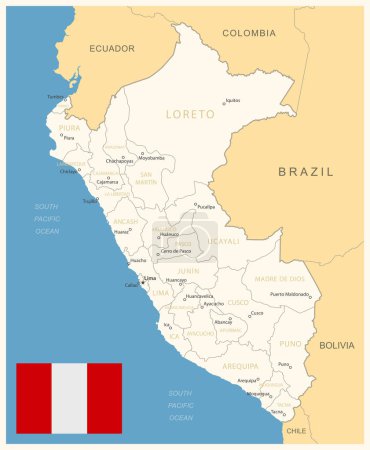 Téléchargez les illustrations : Pérou - carte détaillée avec divisions administratives et drapeau du pays. Illustration vectorielle - en licence libre de droit