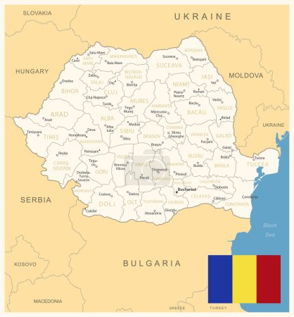 Ilustración de Rumania: mapa detallado con divisiones administrativas y bandera del país. Ilustración vectorial - Imagen libre de derechos