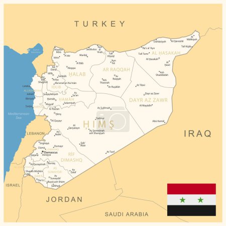Ilustración de Siria - mapa detallado con divisiones administrativas y bandera del país. Ilustración vectorial - Imagen libre de derechos