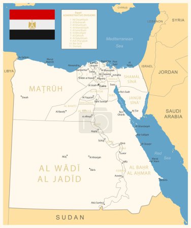 Téléchargez les illustrations : Égypte - carte détaillée avec divisions administratives et drapeau du pays. Illustration vectorielle - en licence libre de droit