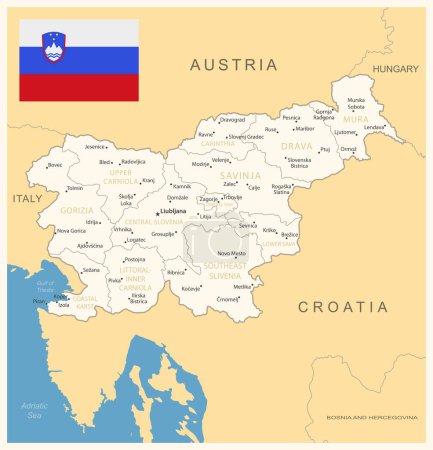 Ilustración de Eslovenia: mapa detallado con divisiones administrativas y bandera del país. Ilustración vectorial - Imagen libre de derechos