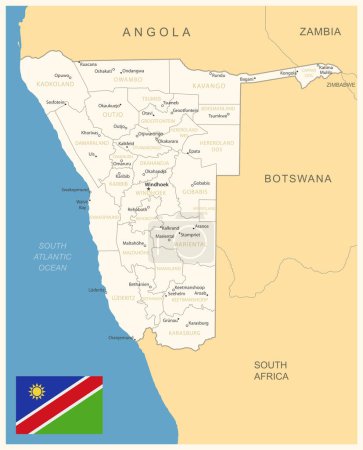 Ilustración de Namibia - mapa detallado con divisiones administrativas y bandera del país. Ilustración vectorial - Imagen libre de derechos