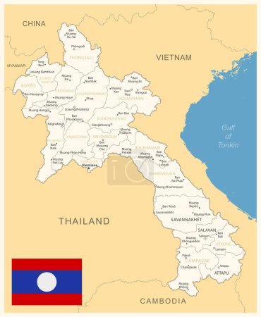 Ilustración de Laos - mapa detallado con divisiones administrativas y bandera del país. Ilustración vectorial - Imagen libre de derechos