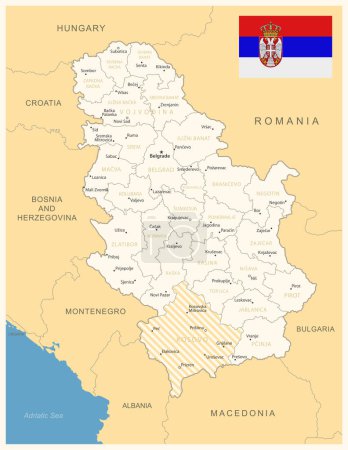 Téléchargez les illustrations : Serbie - carte détaillée avec divisions administratives et drapeau du pays. Illustration vectorielle - en licence libre de droit