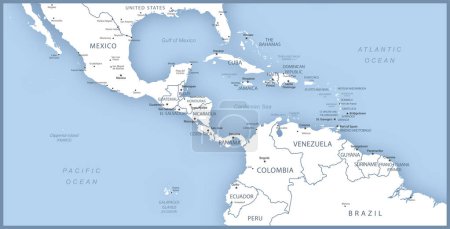 Téléchargez les illustrations : Carte de l'Amérique centrale avec les noms des pays, capitales et villes. Illustration vectorielle - en licence libre de droit
