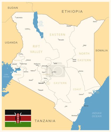 Kenia - mapa detallado con divisiones administrativas y bandera del país. Ilustración vectorial
