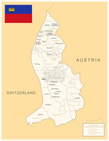 Illustration for Liechtenstein - detailed map with administrative divisions and country flag. Vector illustration - Royalty Free Image