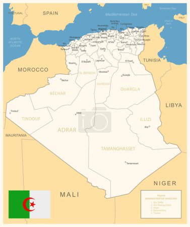 Ilustración de Argelia - mapa detallado con divisiones administrativas y bandera del país. Ilustración vectorial - Imagen libre de derechos
