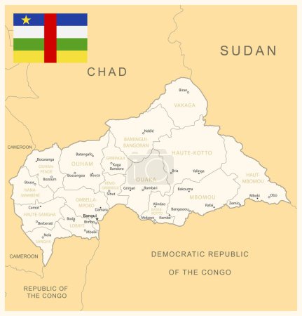 Ilustración de República Centroafricana mapa detallado con divisiones administrativas y bandera del país. Ilustración vectorial - Imagen libre de derechos